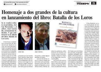 Homenaje a dos grandes de la cultura en lanzamiento del libro: Batalla de Los Loros